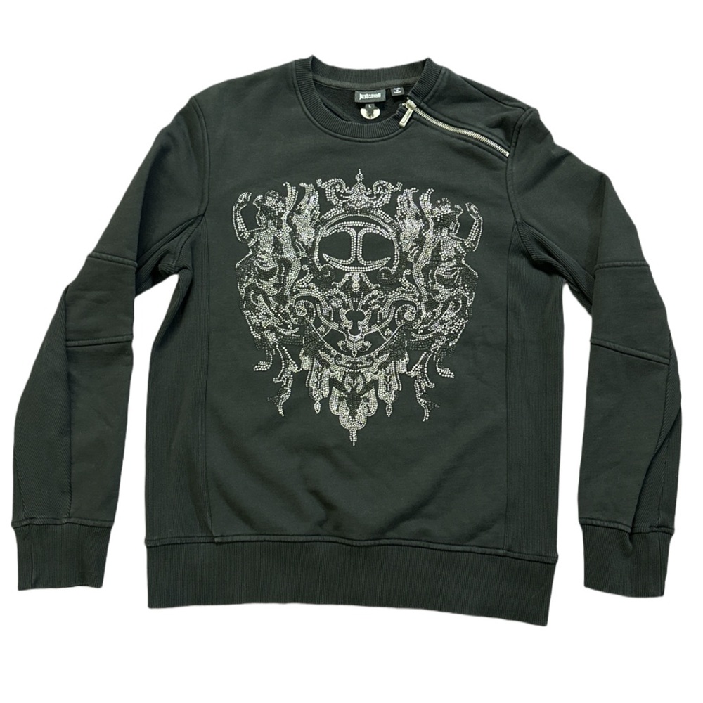 '14 JUST CAVALLI men's designer black rhinestone embellished crewneck sweater, L